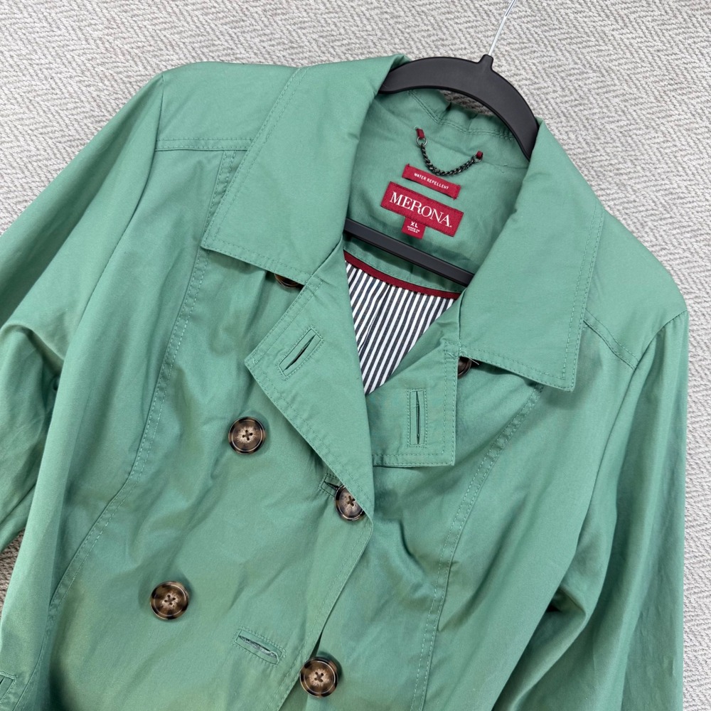 Merona Trench Coat XL Green Water Repellent Belted Double Breasted Rain Jacket